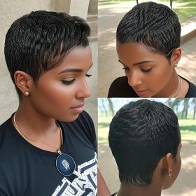 Women's Elegant Elf Haircut Non-toxic Wig - Brazilian Remy Real Hair, Natural Color, Short Straight Hair, All Machine-made, With Buckle Cap. (Option: 1B-6inch)
