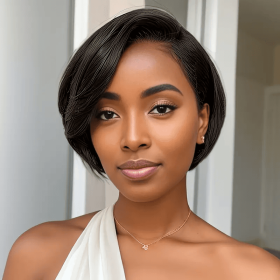 Front Transparent Lace, Styling Hair Scissors, Female Short Straight Hair Non-toxic Wig Human Hair, Wavy Wig Human Hair, No Glue. (Option: 1B-8inch)